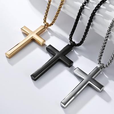 Ins Europäischer und Amerikanischer Einfacher Titanstahl Kreuz Halskette Glatt Abgeschrägt Geometrisch Dreidimensional Kreuz Anhänger Pullover Kette