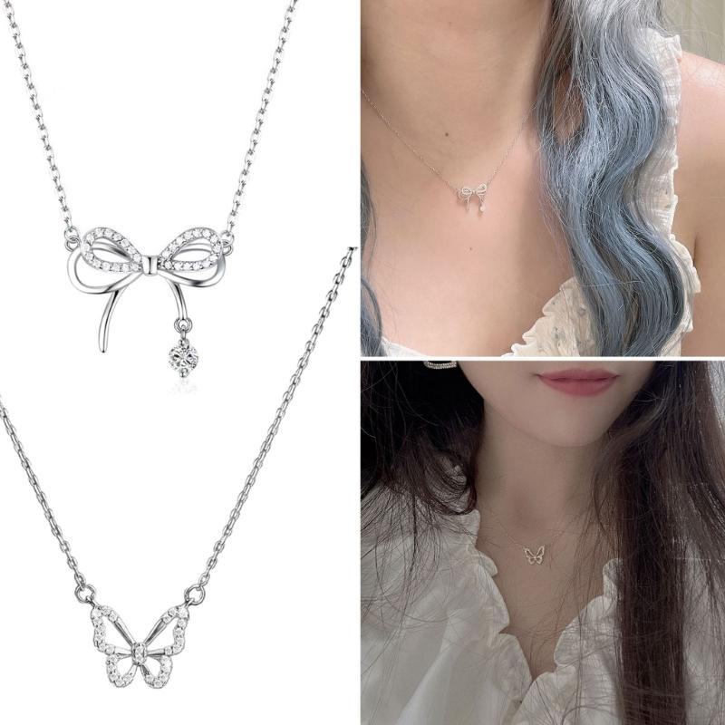 Diamonds Bowknot Aesthetic Necklace Fashion Simple Hollow Clavicle Chain Women Girl Wedding Jewelry Party Birthday Gift