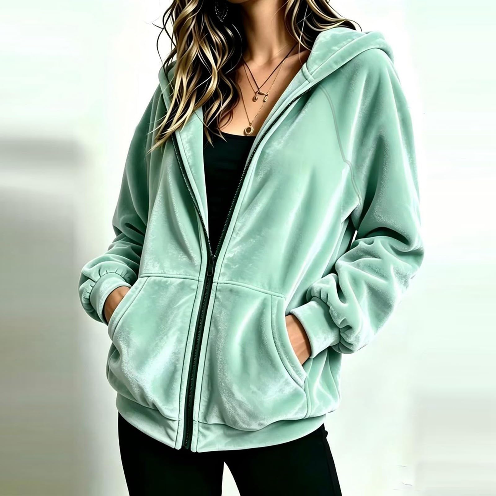 Women s Casual Zip-Up Hoodie, Loose Fit, Color, Long Sleeve M