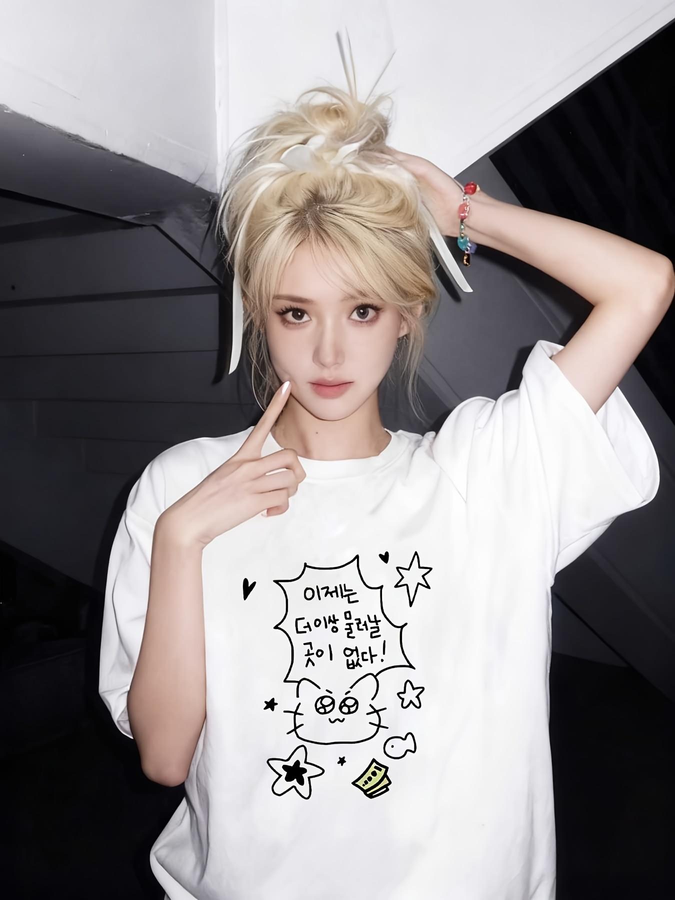 

Womens Tshirt Short Sleeved Funny Simple Drawing Cat with Korean Dialogue Box Pattern Short Sleeved Tshirt Funny Cute Style 4XL