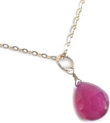 [Bebe Lapin] Ruby Single Stone Pendant Necklace, 14K Gold Filled Chain, September Birthstone (Gift Box Included)