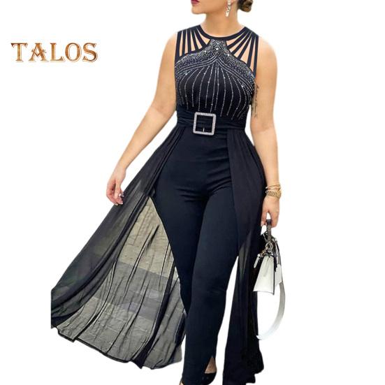 

Женский комбинезон с вырезами и пряжкой со стразами, сетчатый лоскутный плиссированный комбинезон без рукавов с высокой талией, чистый цвет, для официальных мероприятий, вечеринок, выпускного вечера, комбинезон M чёрный