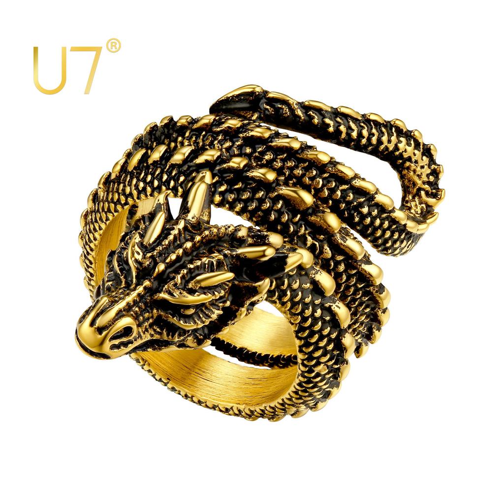 Anelli a Drago U7 in Acciaio Inossidabile per Uomo Donna Nero Retrò Colore Oro 14K Anelli Avvolti Drago Animale Vivace Gioielli Cool Regalo