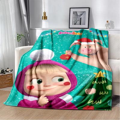 3D M-Masha and B-Bear Christmas Cartoon Soft Plush Blanket,Flannel Blanket Throw Blanket for Living Room Bedroom Bed Sofa Cover
