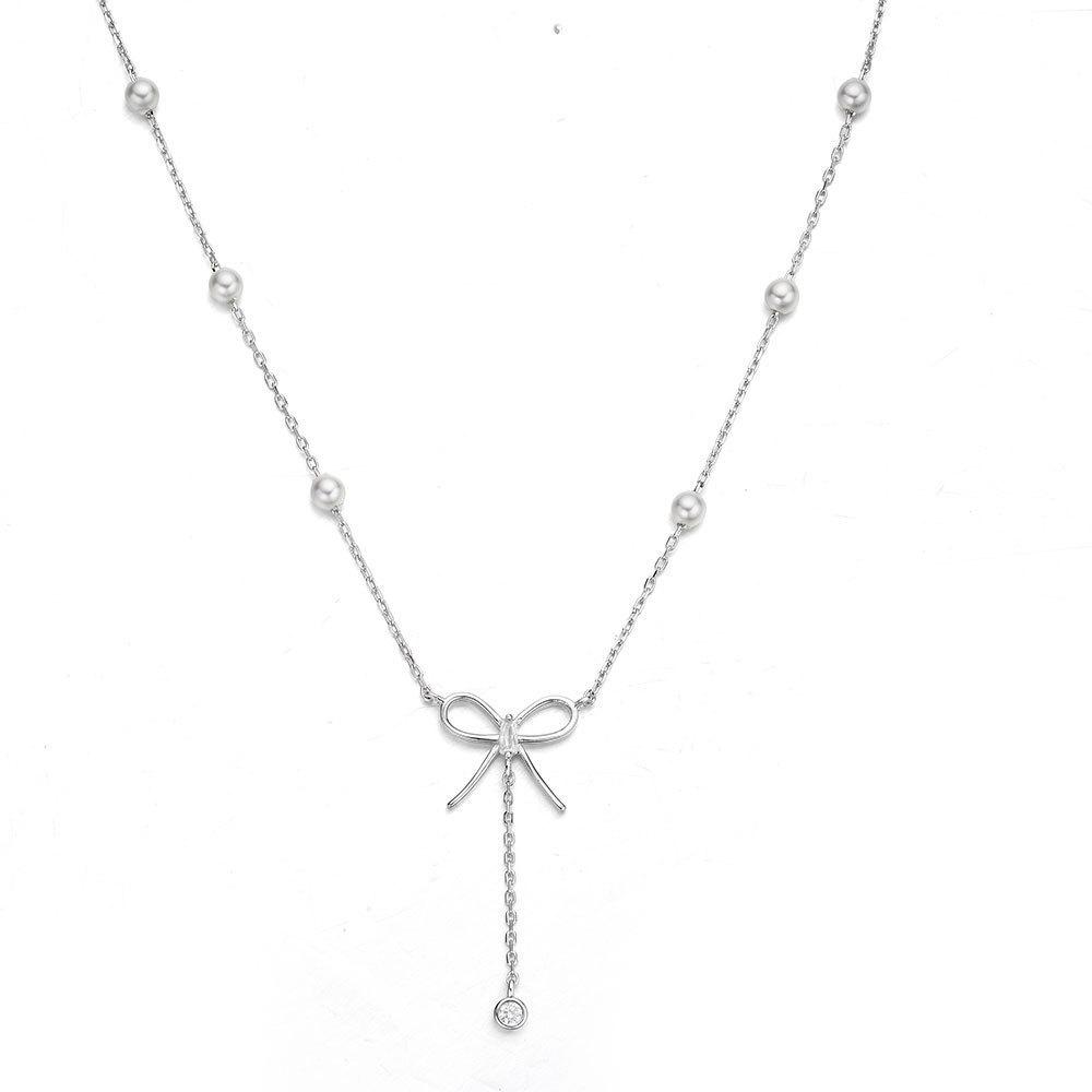 A frigid style bow imitation pearl necklace femininity high sense Internet celebrity versatile collarbone chain neck accessories