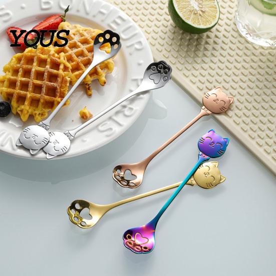 Cute Cat Paw Spoon Coffee Spoon, Stainless Steel Claw Teaspoon, Embossed Design Multi-Color Electroplated Stirring for Ice Cream Yogurt
