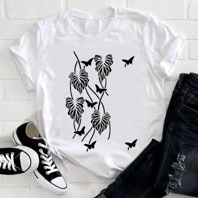 Casual Flowers Forest Graphic Women's T-Shirt Summer Blouse Loose 90S Short Sleeve O-Neck Tees Ladies White Tops Female Clothing