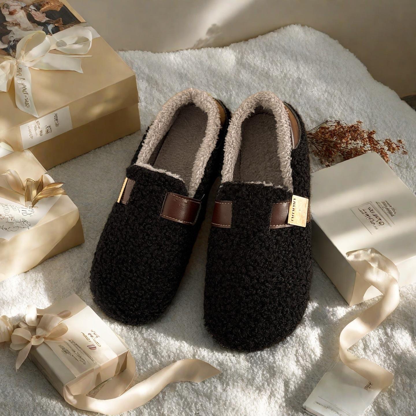 

Пушистые туфли на плоской подошве для женской верхней одежды 2025 новые осенне-зимние сноубутсы, плюшевые туфли-бини, ленивые туфли на одной педали, хлопковые туфли 40