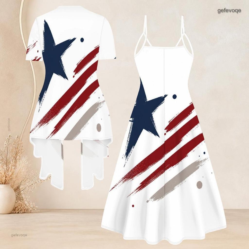 Women Plus Size Two Piece Set V Neck Strappy Flared Dress Short Sleeve Draped Cardigan American Eagle Printed
