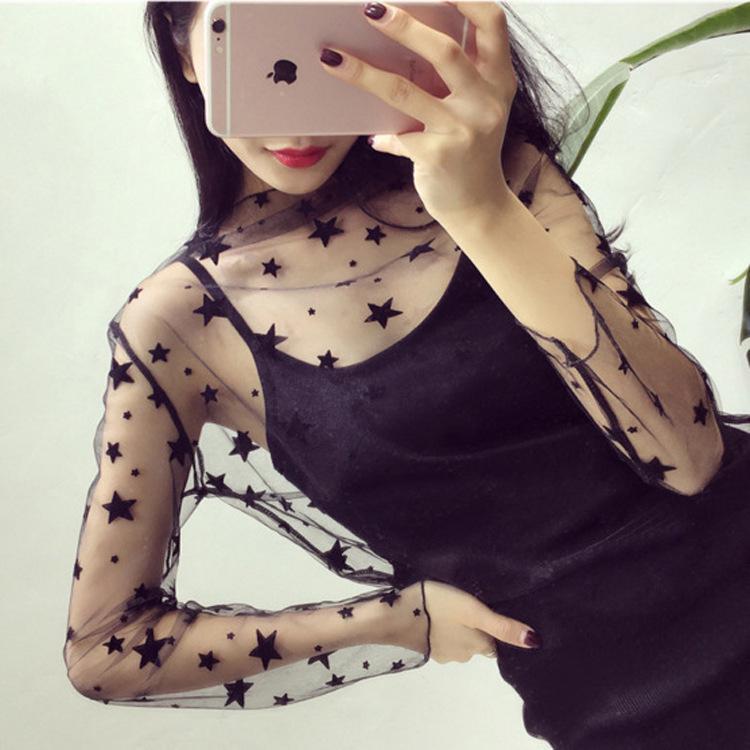 Jaro/Léto Krajková Síťovina Průsvitná Vrstva: Sexy top s dlouhým rukávem v korejském stylu