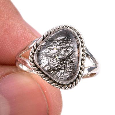 Natürlicher schwarzer Rutil-Edelstein, 925er Sterlingsilber, Ringgröße 8, B3J17