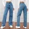 Women Jeans High Waist Zipper Button Closure Solid Color Slim Fit Wide Leg Retro Straight Pockets Soft Colorfast Lady Full Length Denim Pants