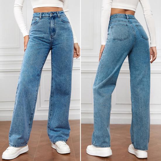 Women Jeans High Waist Zipper Button Closure Solid Color Slim Fit Wide Leg Retro Straight Pockets Soft Colorfast Lady Full Length Denim Pants