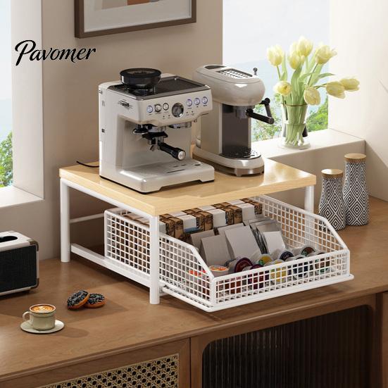 Durable Coffee Maker Holder Storage Rack with Drawer, Two Tier Countertop Organizer, Wood Snack Organizer for Closet Top And Metal Basket Kitchen