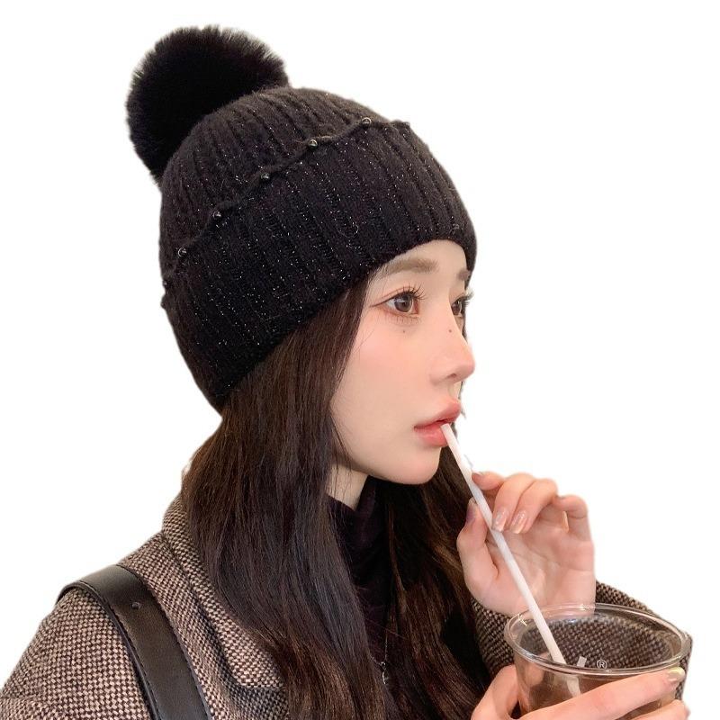 New Hat for Women's Rabbit Hair Pearl Wool Ball Cap Solid Color Versatile Winter Warm Knitted Wool Hat Thick