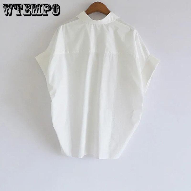 WTEMPO Summer Cotton White Shirt Women's Korean Loose Versatile Tops Loose Short Bat Sleeve V-neck Button T-Shirts