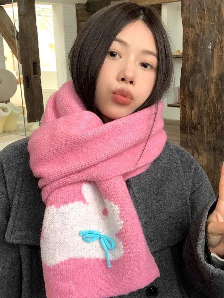 Women Winter Sweet Knitted Scarf Headscarf Ladies Casual Preppy Rabbit Print Warm Scarve Mujer Foulard Wrap Shawl Fashion New