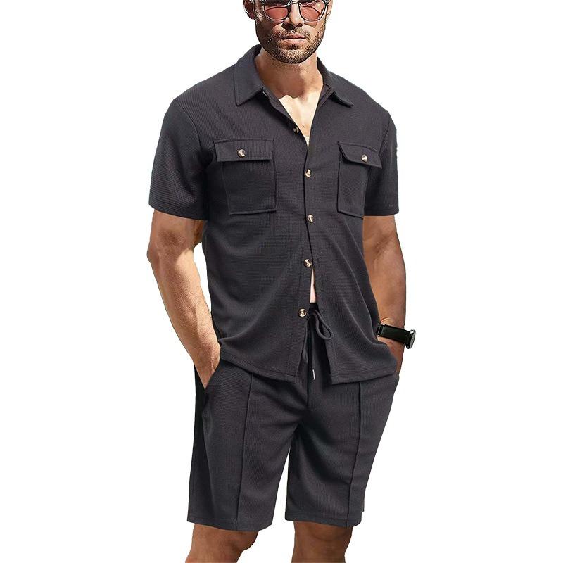 Men S Summer Workwear Short Sleeve Shirt Shorts Loose Waffle Set