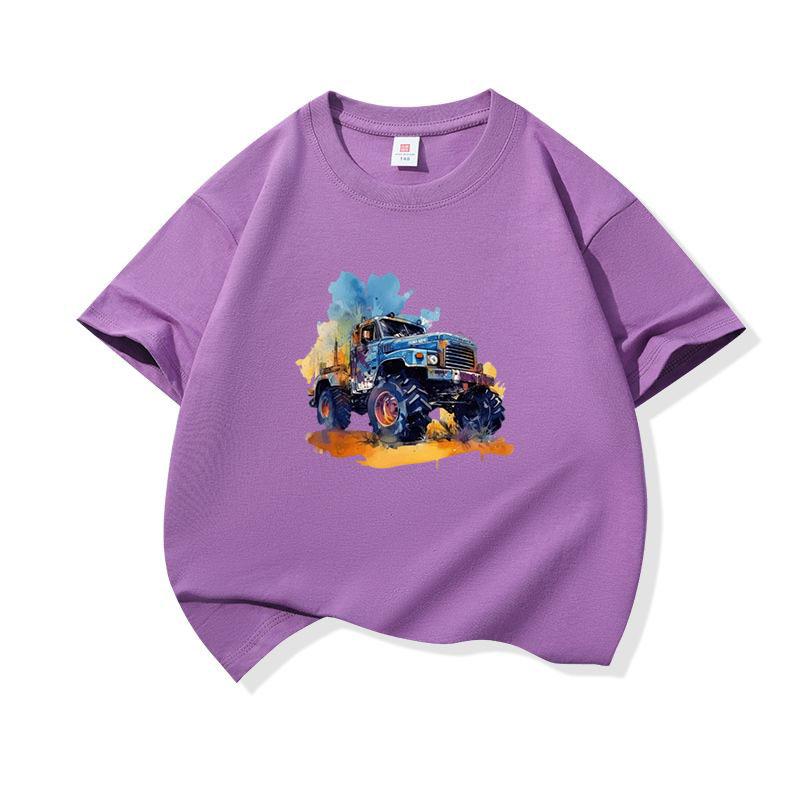 Kids Cotton T Shirt Cool Watercolor Offroad Car Print Crew Neck Short Sleeve Tee Casual Breathable Boys Girls Summer Tops