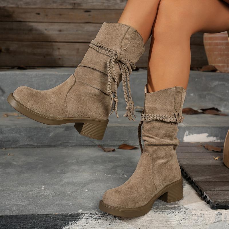 Women's Fringe Mid-Calf Boots, Vintage Chunky Heel Riding Boots, Western Style Fashion Booties for Women