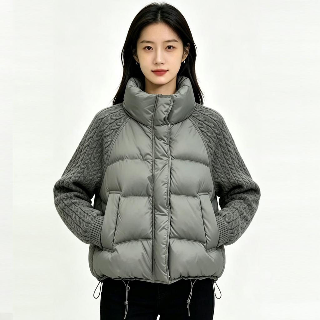European and American Winter New Stand-up Collar Knitted Sleeves Splicing Shoulder Sleeves Down Cotton Clothes Women's Short Fashion Casu