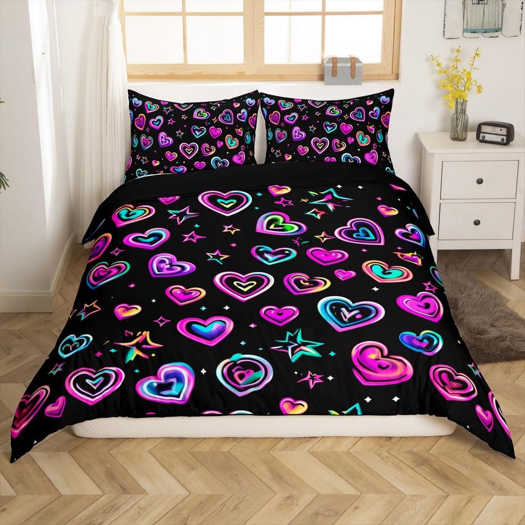 Colorful Rainbow Heart Duvet Cover Sets For Kids Boys Girls Queen Lightweight Quilt Covers Love Heart Bedding Sets Bedroom Decor