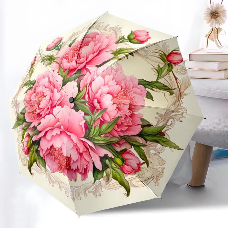 

1pc Sturdy 8-Bone Auto Umbrella, Retro peony flower Umbrella, Digital Printed, Foldable Umbrella for On-the-Go Outdoor Use