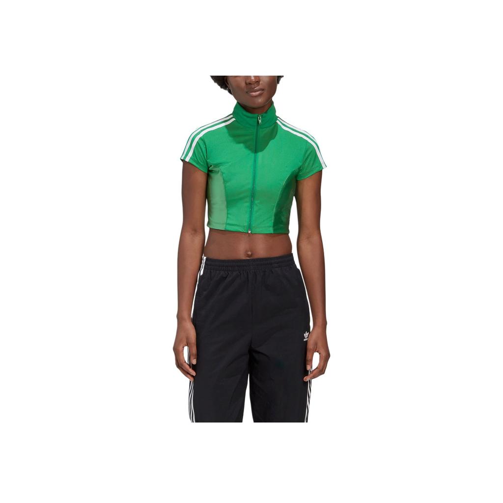 adidas Originals X Paolina Russo Collaboration Fashion Stand Collar Striped Zip Short Sleeve T-Shirt Women T-Shirts Green GF0262