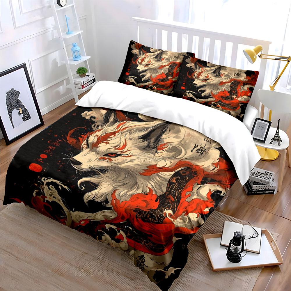 Japan White fox with fiery art Print Soft Comfortable Duvet Cover Bedding Set Included 1*Duvet Cover 2*Pillowcases Luxury Gift