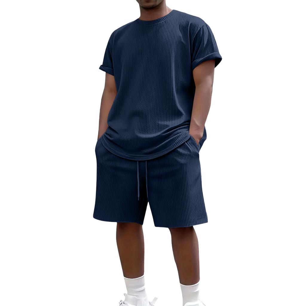 Men's Summer Casual 2-Piece Outfit Round Men's Neck Short Sleeve Tee Shorts Set