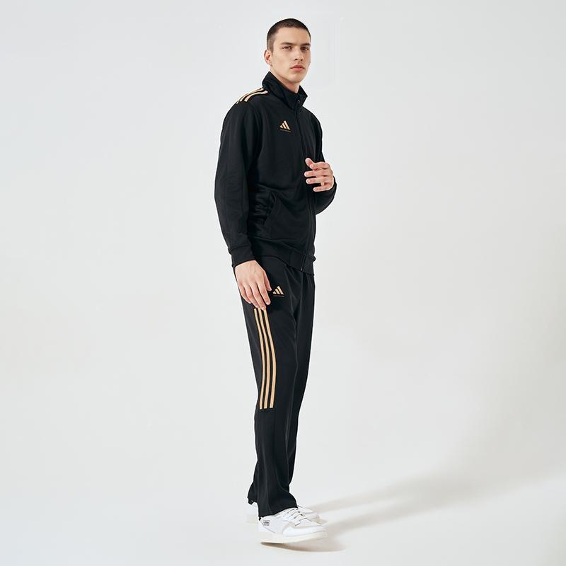 adidas Striped Color Block Logo Stand Collar Long Sleeve Straight Leg Pants Casual Sports Suit Unisex Suit Black Gold TR90JT-BG+TR90PT-BG