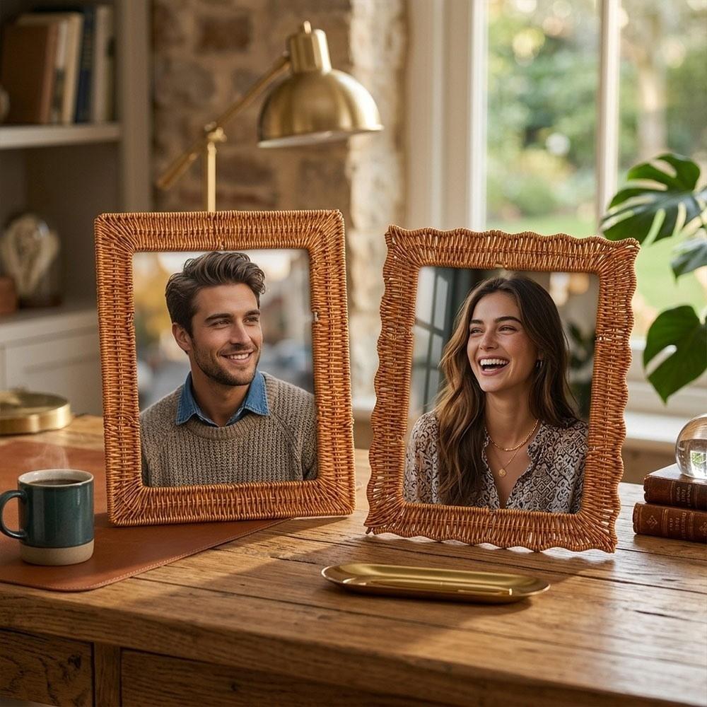 Boho Style Vintage Rattan Photo Frames PP Woven 4x6 Inch Picture Frame Handmade Rustic Charm Wicker Photo Frames Home Decoration