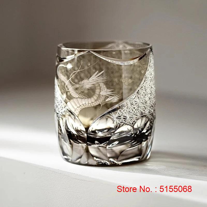 Chinese Style Loong Edo Kiriko Whiskey Glass Hand Engraved Dragon Amber Crystal Brandy Xo Rock Wine Snifter Whisky Cup Gift Box