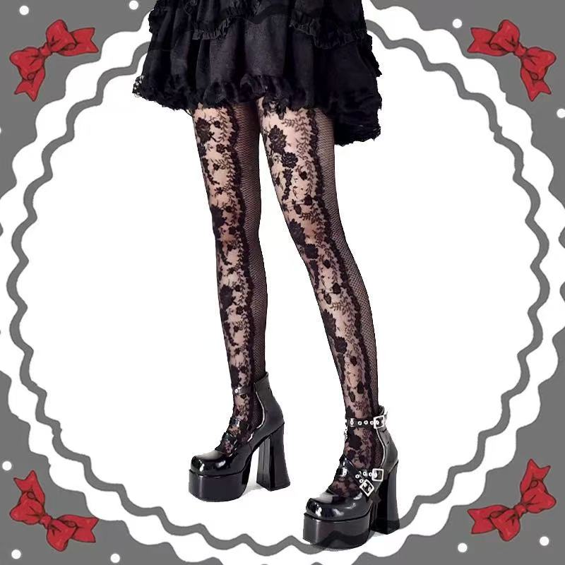 Women'S Vintage Hollow Gothic Black Stockings Dark Punk Lolita Jk Accessory Pantyhose Subculture Y2K Spice Girls Jacquard