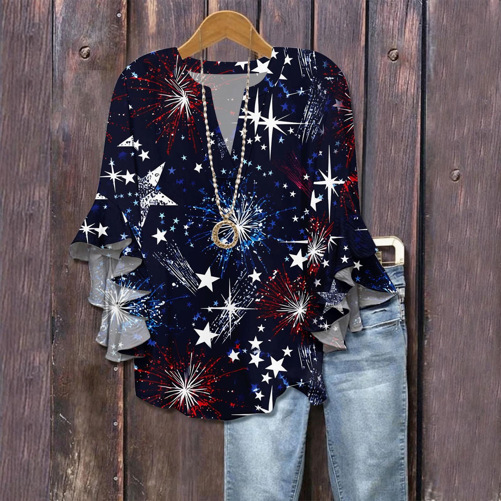 

3/4 Sleeve Shirts For Women Print Graphic Tees Blouses Casual Plus Size Basic Ruffled Sleeve Tops Independence Day L Темно-синій