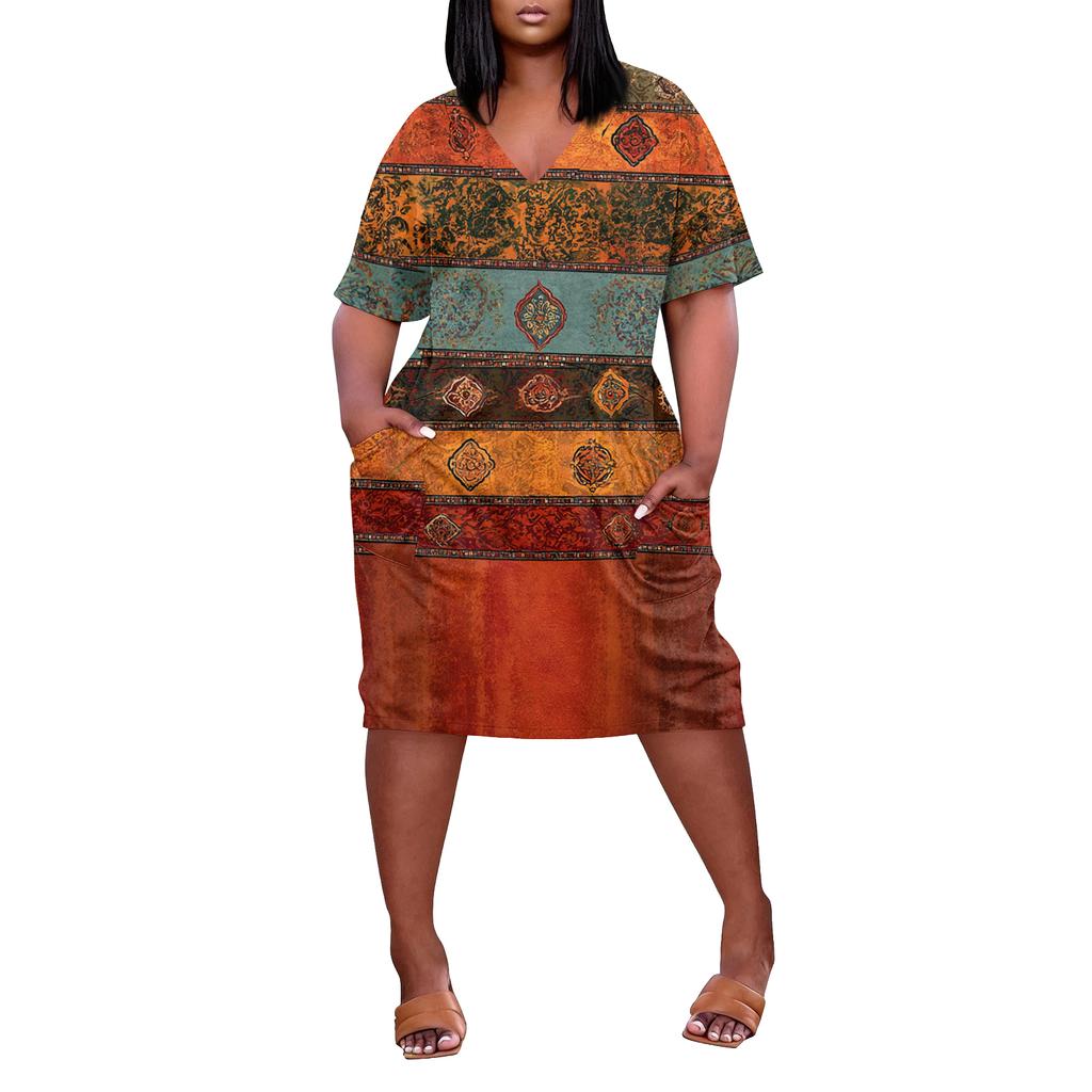 Letní nadměrné velikosti V výstřih krátký rukáv ke kolenům kapsa potisk ležérní šaty pro ženy