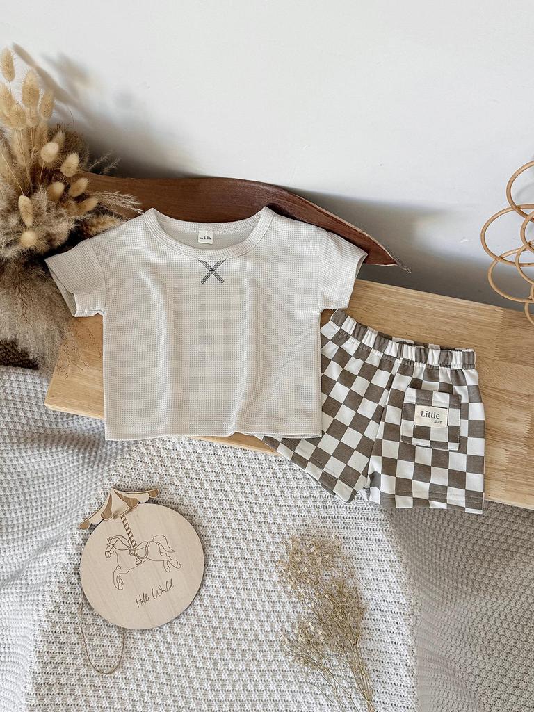 Koreanisches Sommer Baby Karo Shorts Set: Unisex Zweiteiler mit kurzen Ärmeln