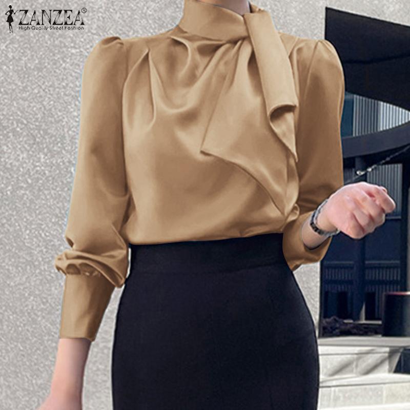 

ZANZEA Женская повседневная свободная блузка с высоким воротником и длинными рукавами