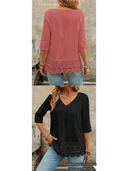 French Forest Style Hollow Embroidery Lace Casual Women's Short Shirt