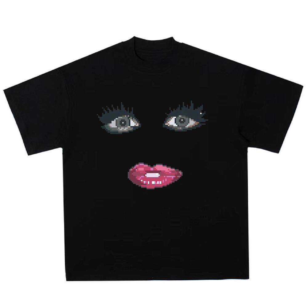 Augen- und Mundausdruck Bedrucktes Baumwoll-Kurzarm-T-Shirt im europäischen und amerikanischen Stil Singen Kreative Jacke Lustiges Meme