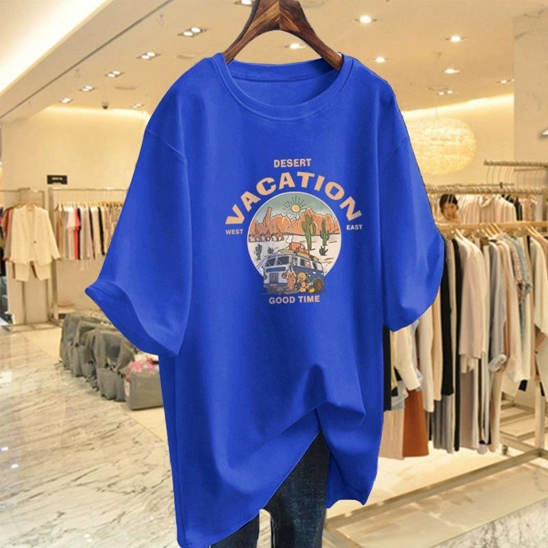 Cartoon Short-sleeved T-shirt Women's Summer New Large Size Loose Medium and Long Half-sleeved T-shirt Pure Cotton Top Bottoming Shirt