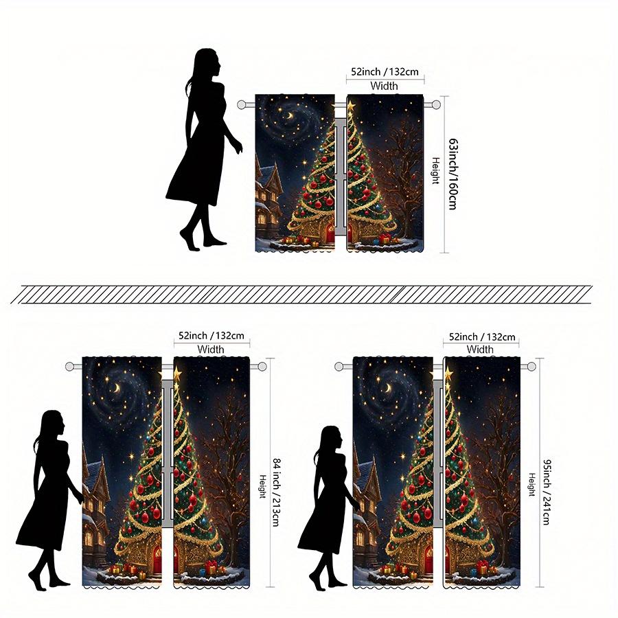 Set Of 2 Christmas Tree Starry Night Curtains Semi Transparent Polyester Living Room Bedroom Decor Curtain With Rod Pocket Machine Washable Ideal For