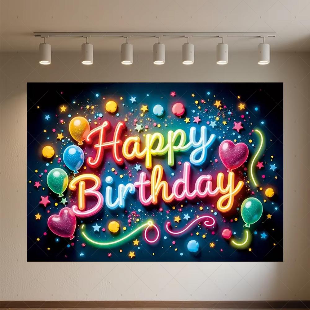 Glitter Happy Birthday Background Banner Glow Neon Dance Carnival Party Decorations Colourful Backdrop Supplies Photography Prop