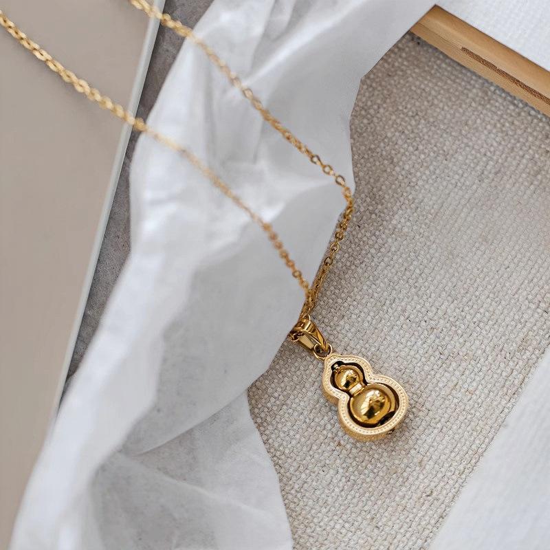 Fulu Double Full Rotation Gourd Necklace Female National Wind Titanium Steel Non-Fading Collarbone Chain