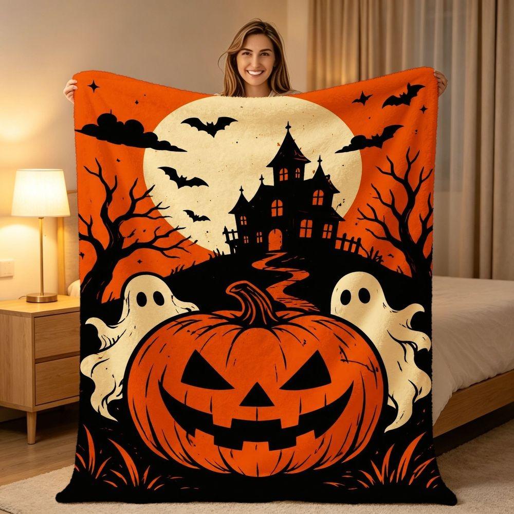 Festive Pumpkin Haunted House Ghost Throw Blanket Plush Couch Cover For Spooky Halloween Holiday Home Decor Gift