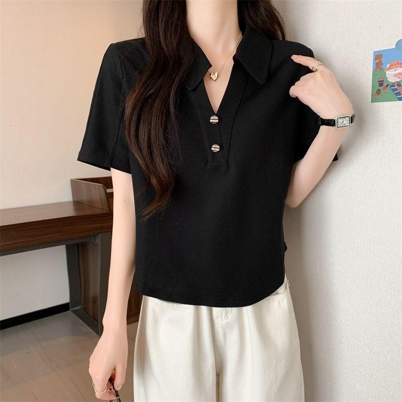 Women s Summer Black Polo Collar Short Sleeve Button Cropped Top M чёрный