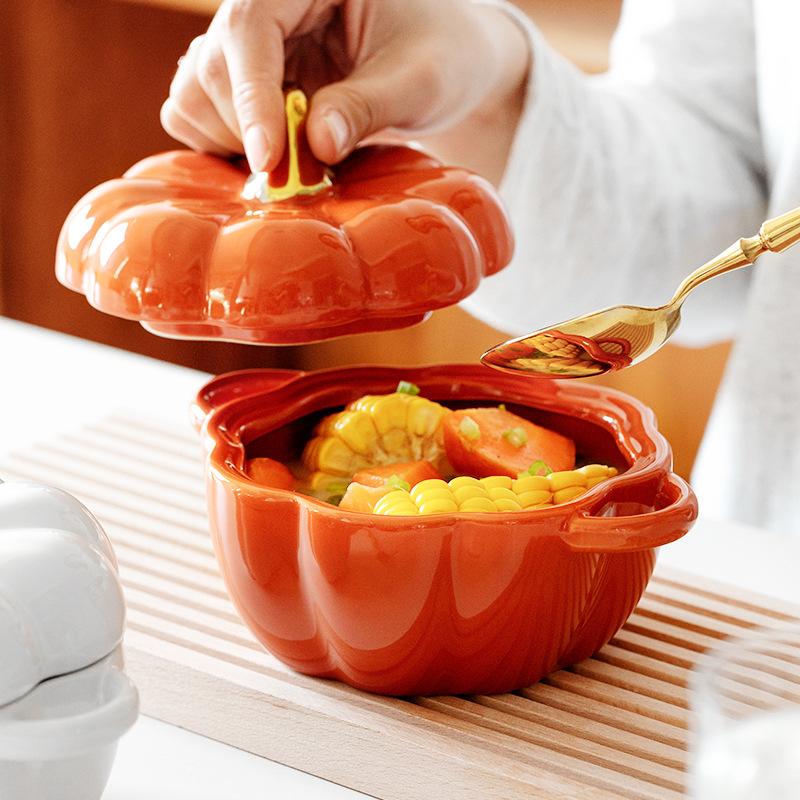 Ceramic Bowl with Lid, Pumpkin Cup, Steamed Egg Salad Bowl, Stew Cup, Children's Soup Bowl, Rice Bowl, Household Kitchen