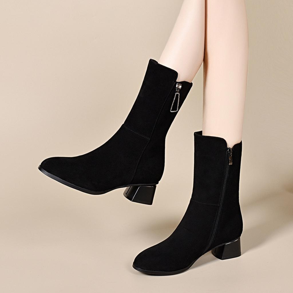 Medium Boots Women's Autumn and Winter Water Drop Buckle Thick Heel High Heel Boots Black Pointed Two High Fashion Boots Knight Boots