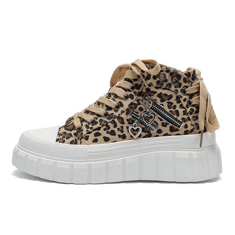 

Модные парусиновые туфли 2024 года, новые, толстые, увеличивающие рост, металлические молнии, украшения в виде сердец, повседневные спортивные женские туфли, кроссовки 37 леопардовый