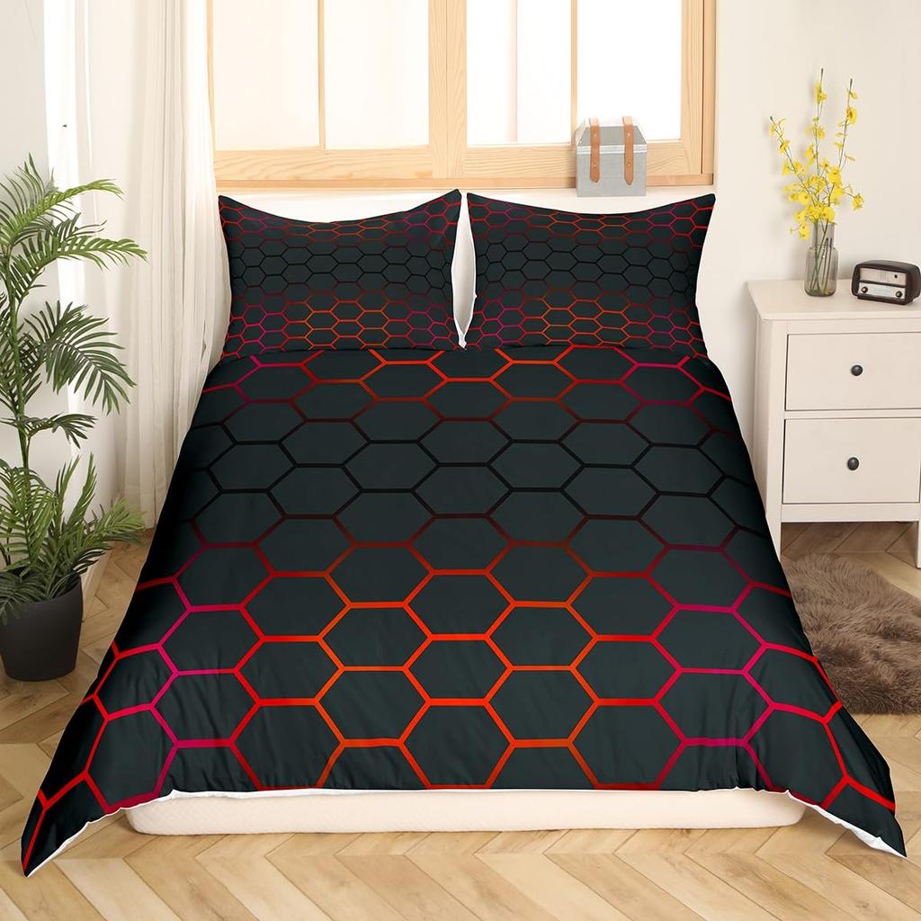 Blue Purple Honeycomb Soft Duvet Cover Fluorescent Geometric Honeycomb Beding Set Behive Hexagon Warm Comforter Cover for Young Boys Young Girls
